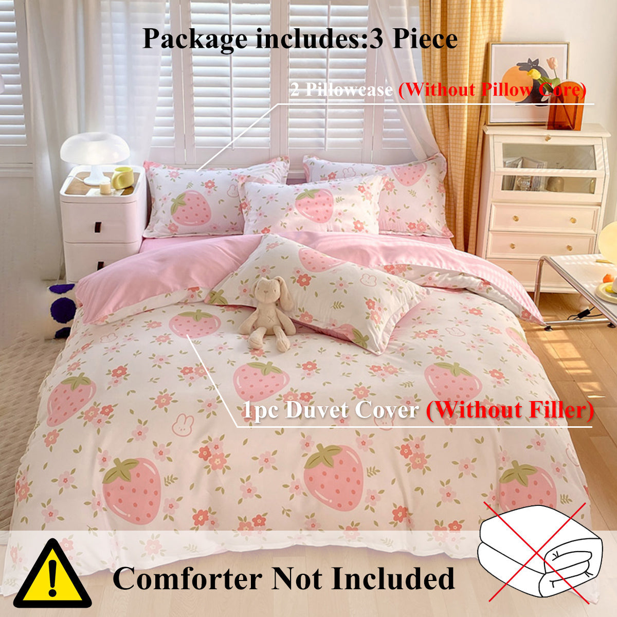 3 Pieces Pink Strawberry Duvet Cover Set for Boys Girls Soft Floral Bedding Set - 1 Duvet Cover and 2 Pilowcases - Bedding image 8