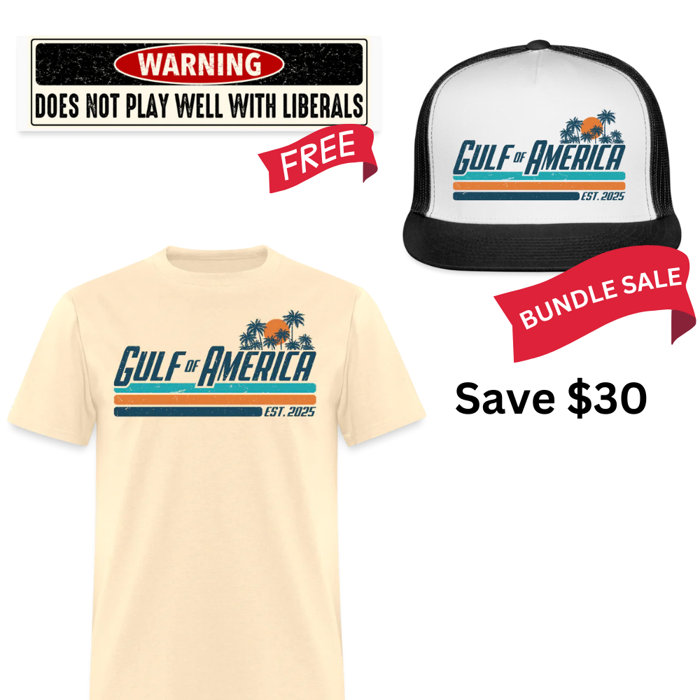 Gulf Of America T Shirt + Trucker Hat + Does Not Play Well With Liberals Bumper Sticker Bundle - Apparel image 3