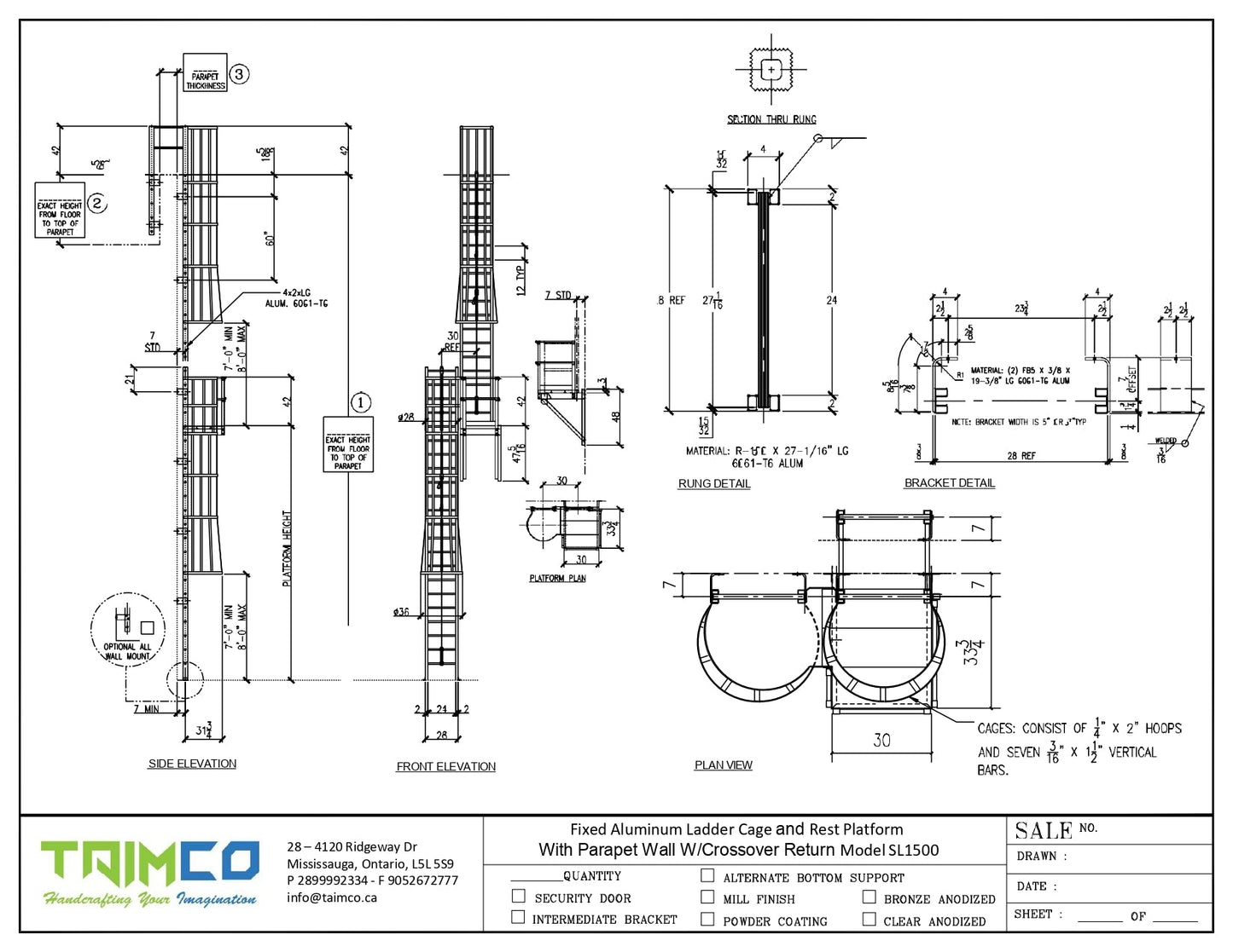 Fixed Ladder Cage and Rest Platform With Parapet Wall W/Crossover Return Model SL1500 - Apparel image 2