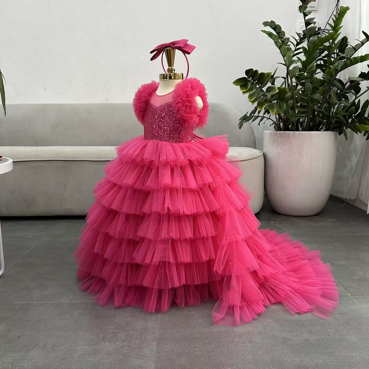Puffy Long Dress with Train: Hot Pink - Apparel image 5