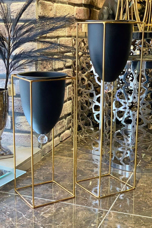 2 piece Large & Medium Metal Gold & Black Print Flower Pot - Kitchen & Dining image 1