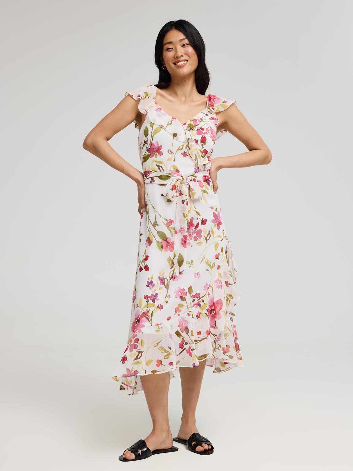 Floral Ruffle Wrap Front Chiffon Dress - Dresses image 3