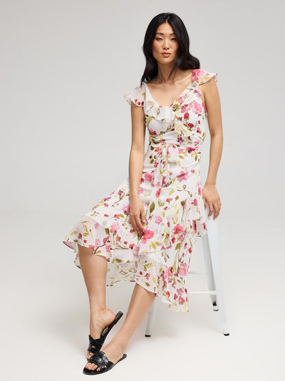 Floral Ruffle Wrap Front Chiffon Dress - Dresses image 1