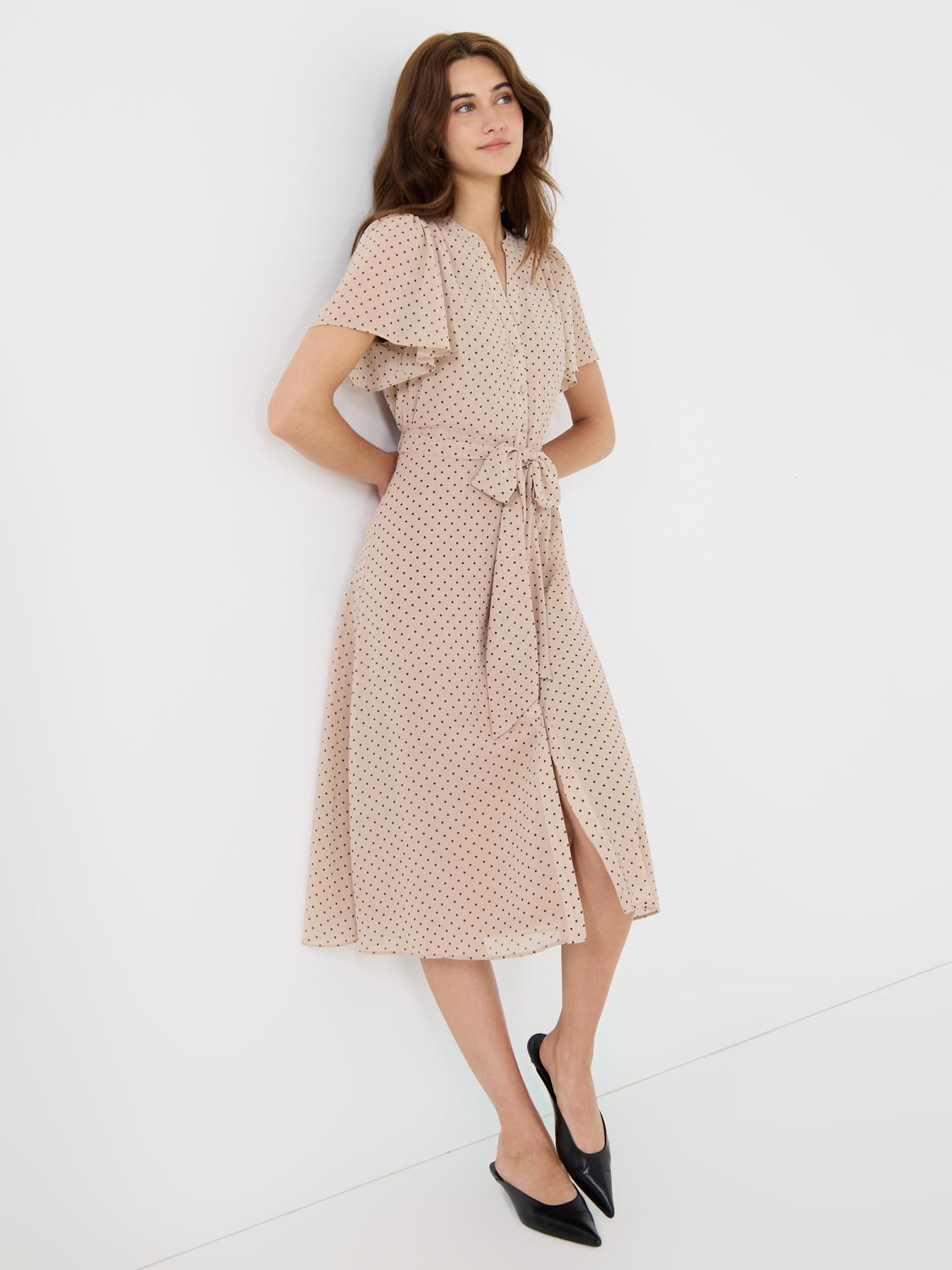 Polka Dot Split Neck Chiffon Midi Dress - Dresses image 1