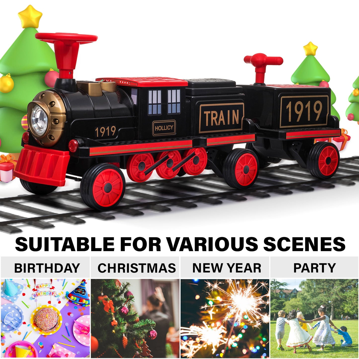 Locomotive Train 12V Ride on Train Car Toy for Kids and Parents with Carriage - Toys & Games image 3
