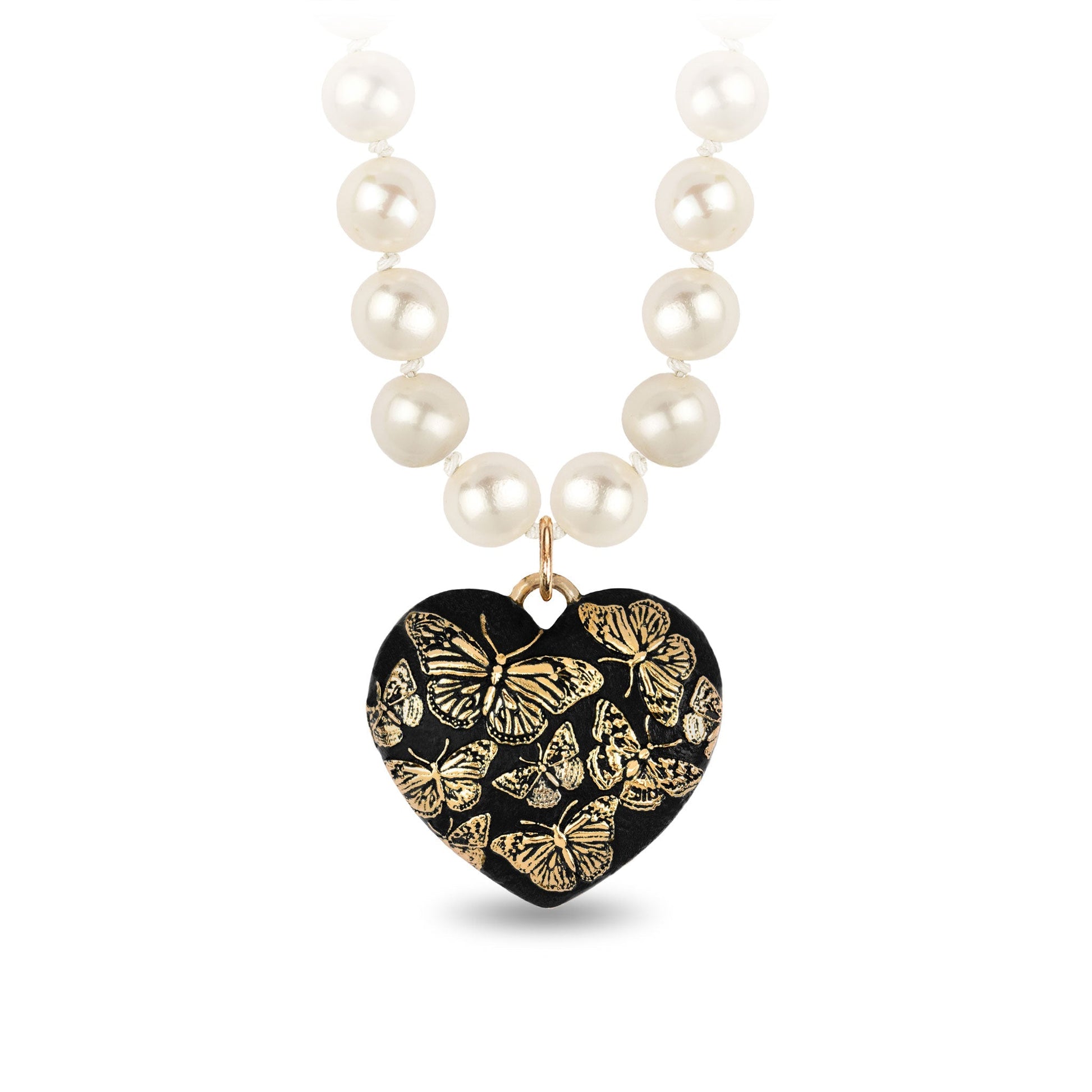 Butterfly 14K Gold Large Puffed Heart Talisman On Knotted Freshwater Pearl Necklace - Misc image 1