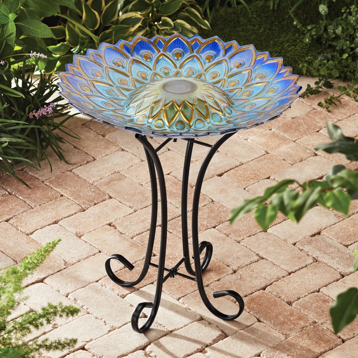 SOLAR PEACOCK BLUE GEOMETRIC GLASS BIRD BATH WITH STAND - Kitchen & Dining image 1