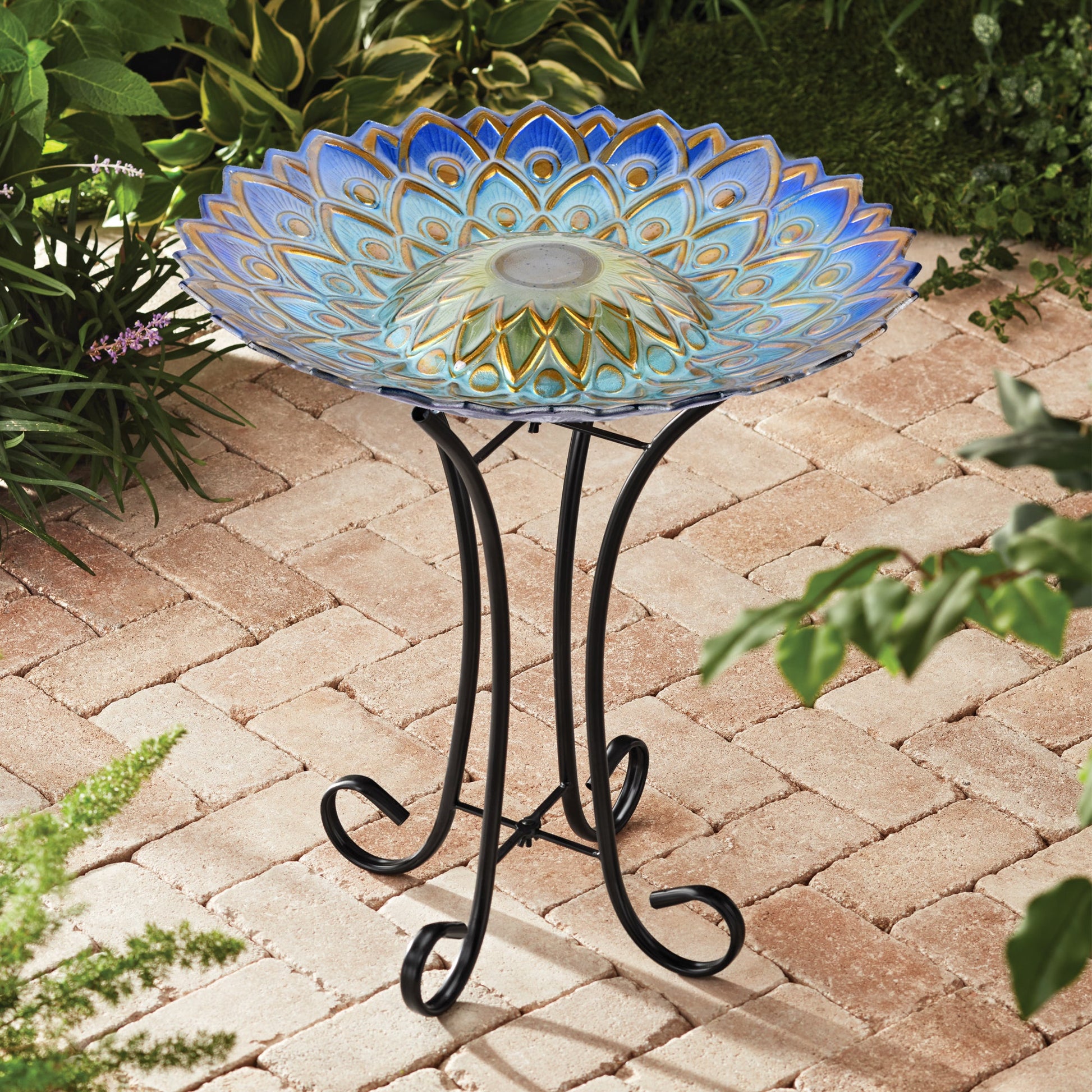 SOLAR PEACOCK BLUE GEOMETRIC GLASS BIRD BATH WITH STAND - Kitchen & Dining image 1
