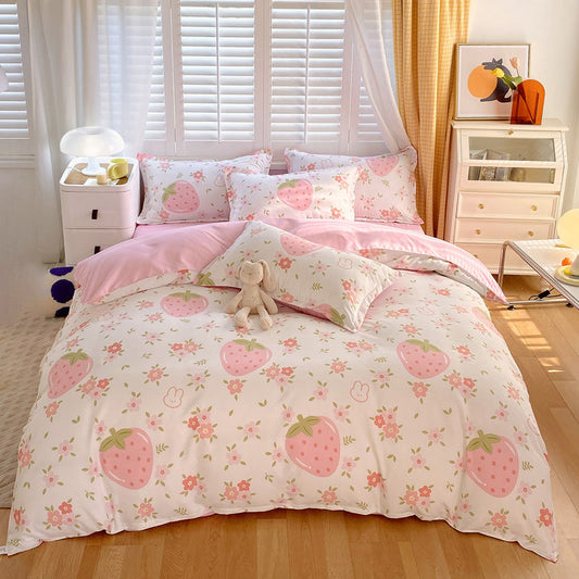 3 Pieces Pink Strawberry Duvet Cover Set for Boys Girls Soft Floral Bedding Set - 1 Duvet Cover and 2 Pilowcases - Bedding image 1