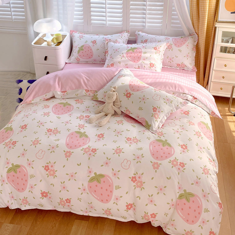 3 Pieces Pink Strawberry Duvet Cover Set for Boys Girls Soft Floral Bedding Set - 1 Duvet Cover and 2 Pilowcases - Bedding image 2