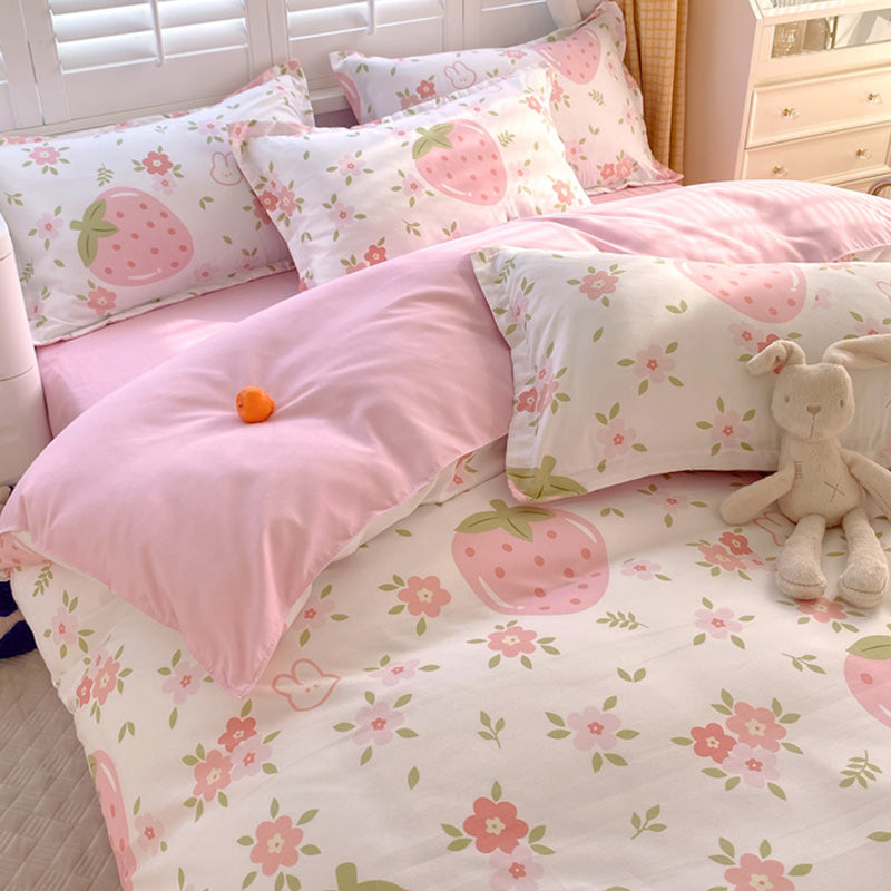 3 Pieces Pink Strawberry Duvet Cover Set for Boys Girls Soft Floral Bedding Set - 1 Duvet Cover and 2 Pilowcases - Bedding image 3