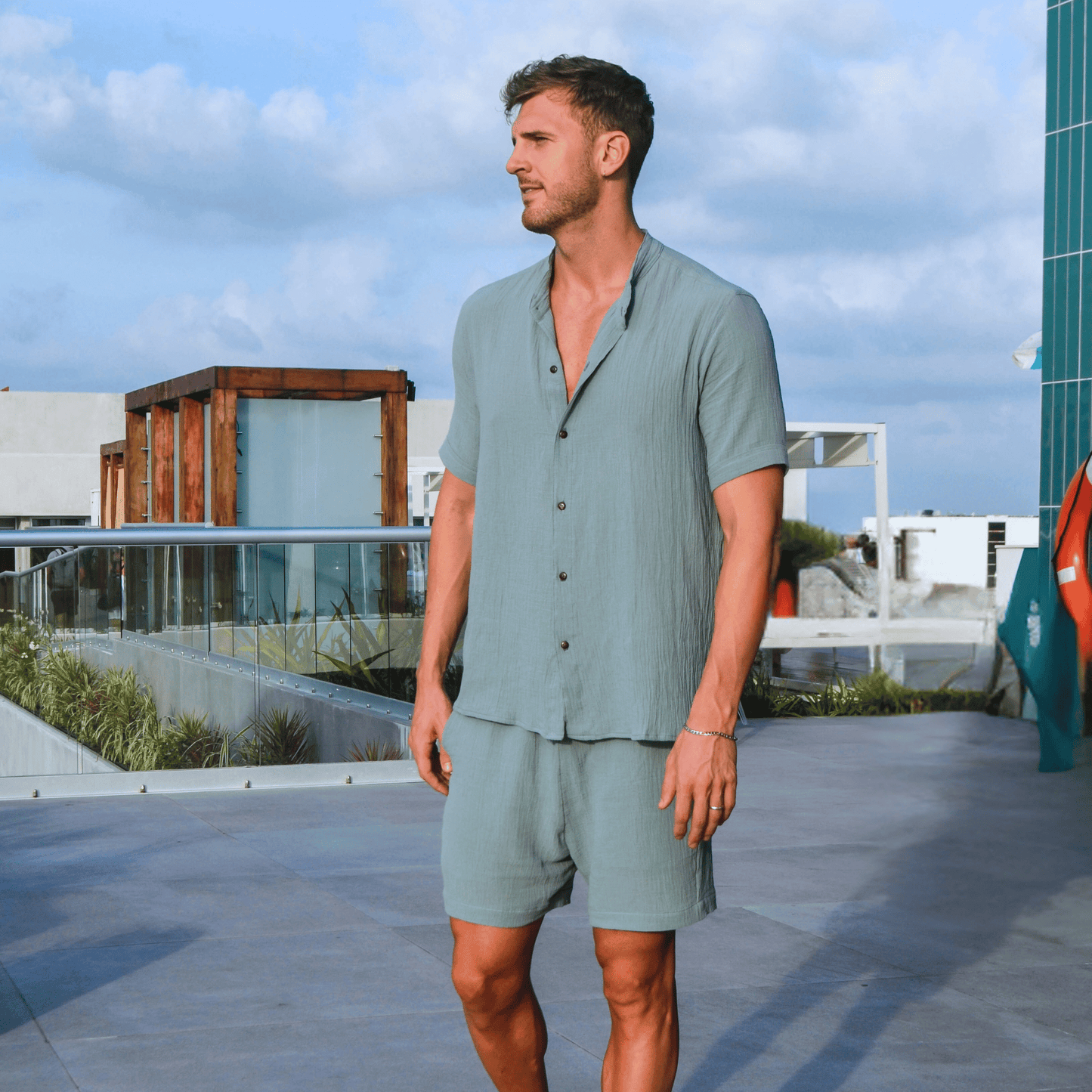 Men's Cotton Lounge Set – Mao Collar Shirt & Shorts - Misc image 2