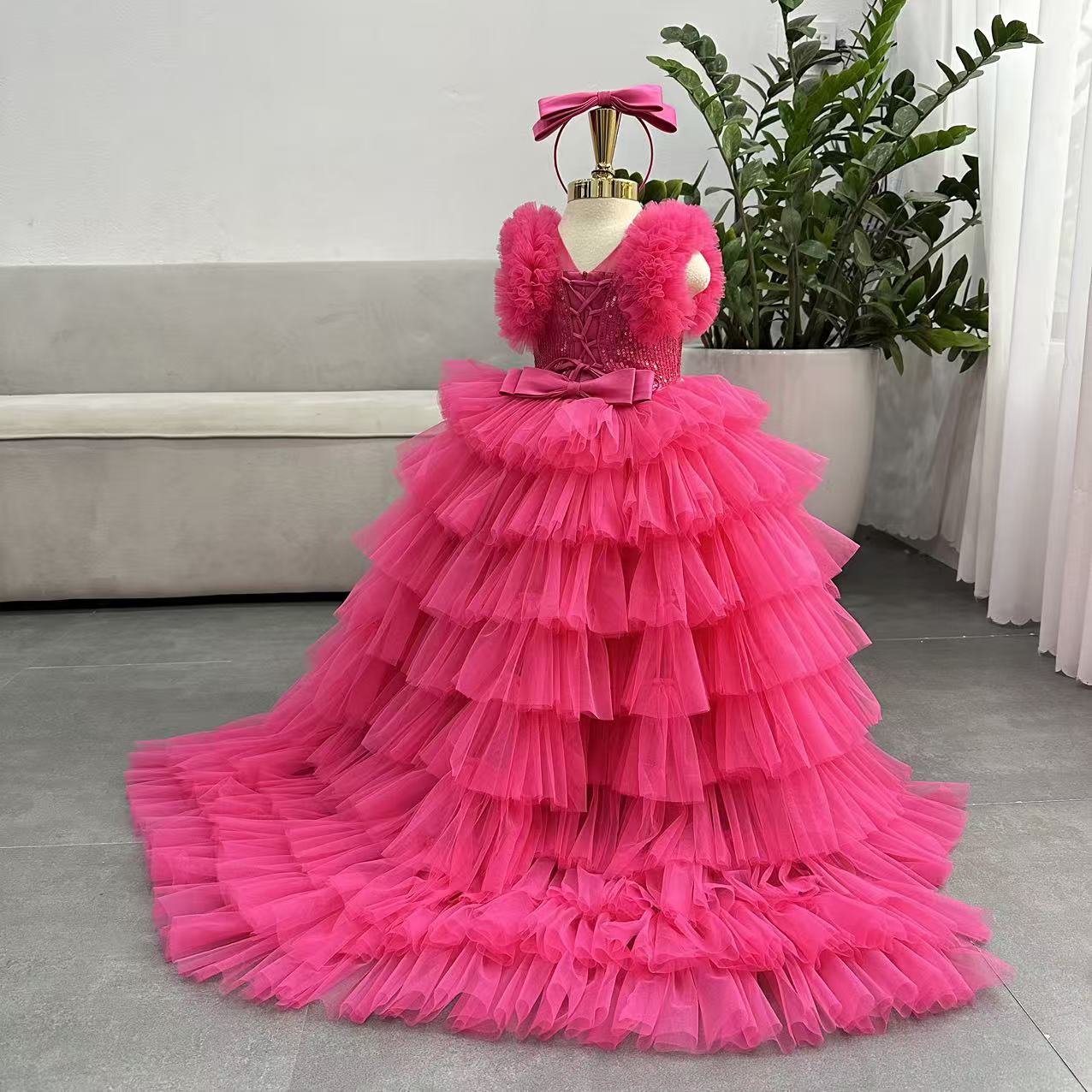 Puffy Long  Dress with Train: Hot Pink - Apparel image 3