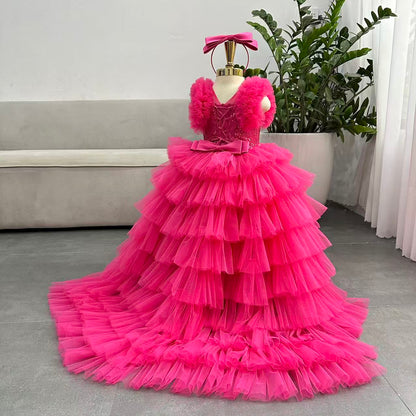Puffy Long  Dress with Train: Hot Pink - Apparel image 3