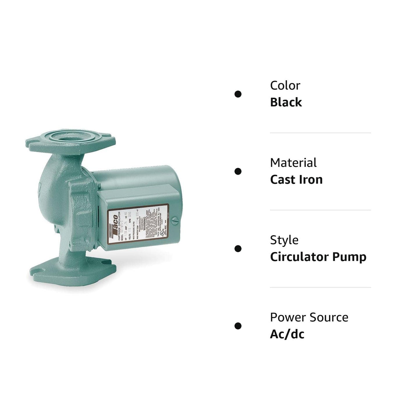 Taco 007-F5 Circulator Pump, 0-23 Gpm Flow Range, 1/25 hp, Cast Iron - Kitchen & Dining image 2