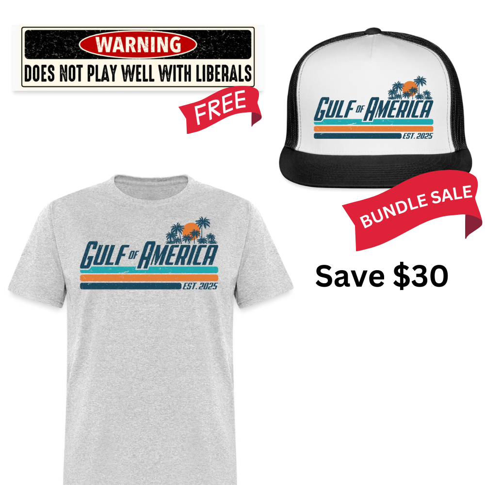 Gulf Of America T Shirt + Trucker Hat + Does Not Play Well With Liberals Bumper Sticker Bundle - Apparel image 2