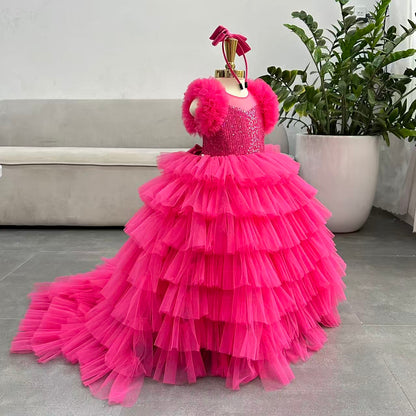 Puffy Long  Dress with Train: Hot Pink - Apparel image 2