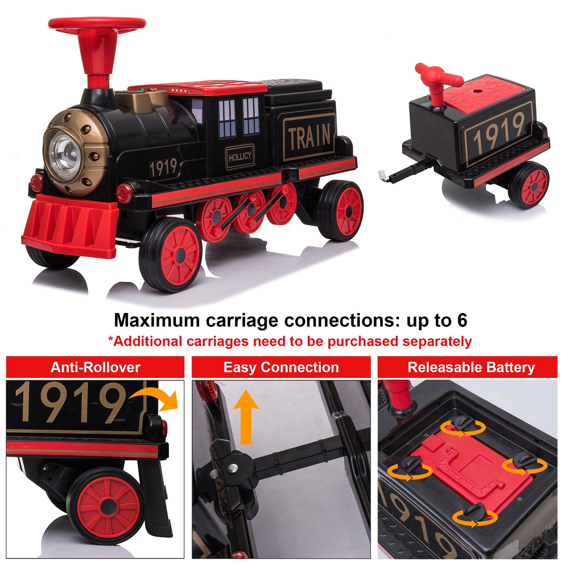 Locomotive Train 12V Ride on Train Car Toy for Kids and Parents with Carriage - Toys & Games image 5