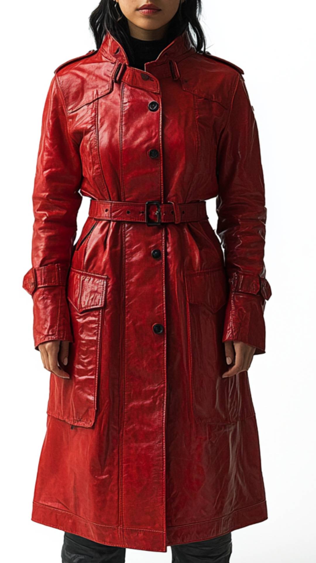 Arabella Leather Red Long Coat - Women Long Coat Red - Apparel image 1