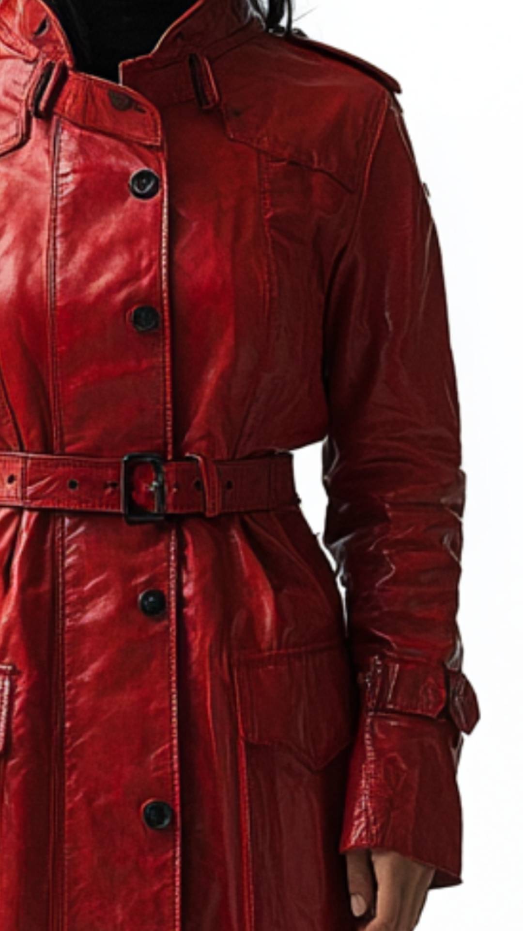 Arabella Leather Red Long Coat - Women Long Coat Red - Apparel image 2