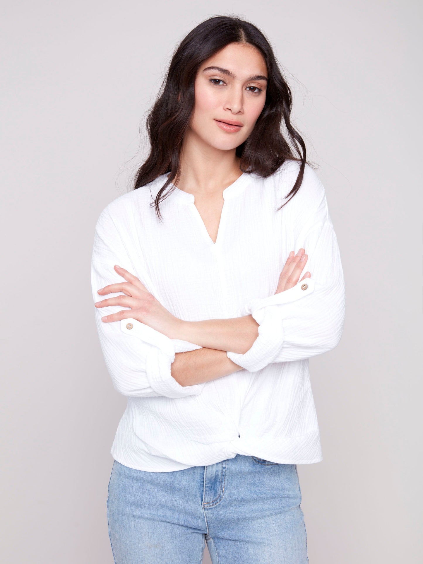 Bubble Cotton Blouse with Front Twist - White - Misc image 1