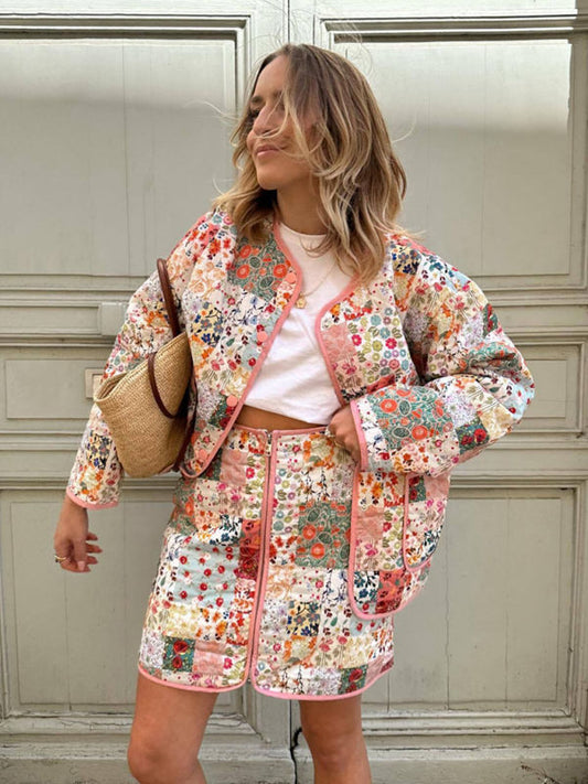 Floral Print Round Neck Thin Coat - Apparel image 1