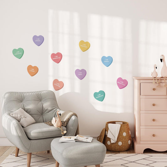Peel & Stick Fabric Wall Stickers - Affirmation Candy Hearts (Bright) - Bedding image 1