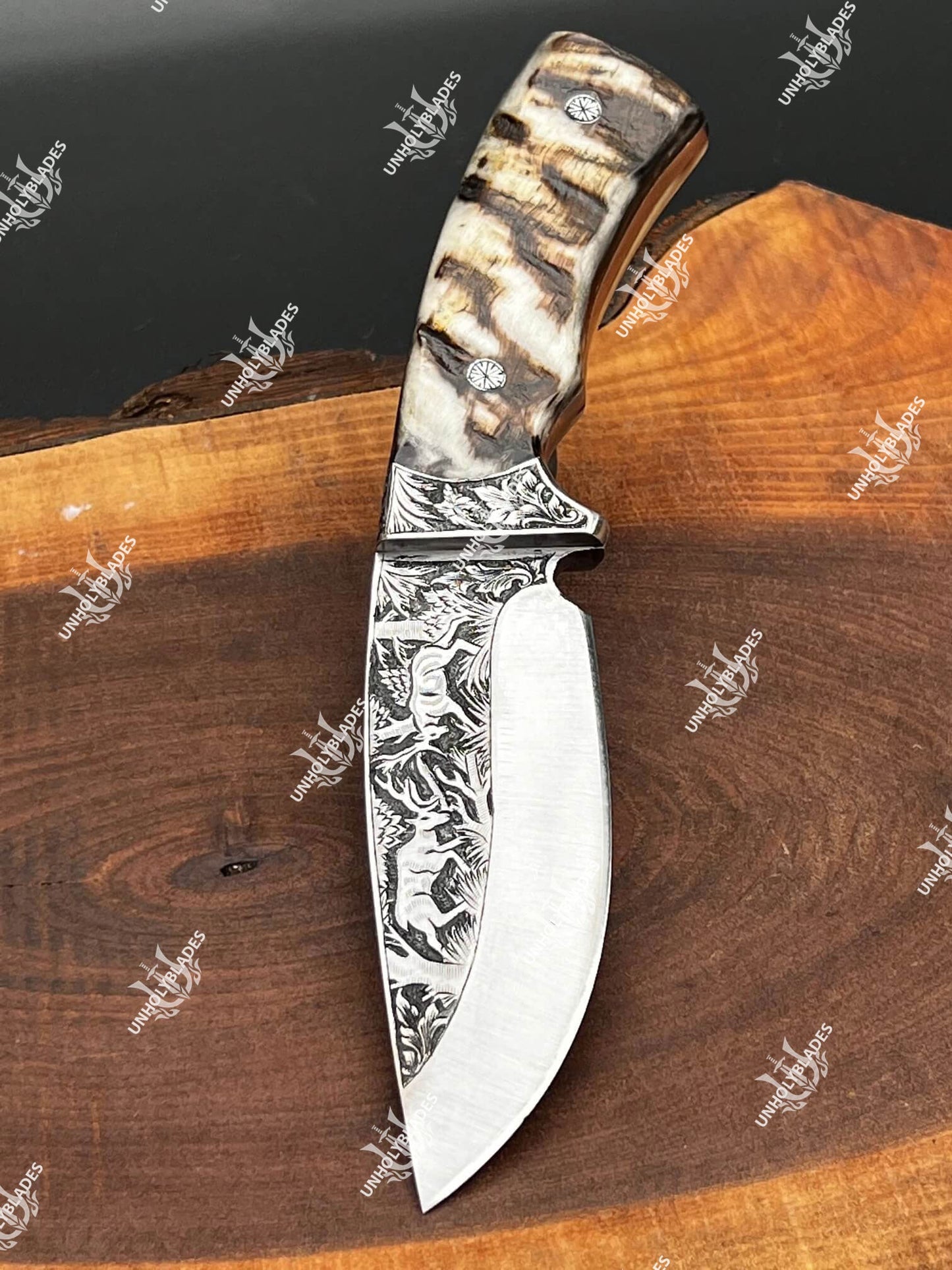 Custom Hand Engraved Knife With Ram Horn Handle - Kitchen & Dining image 1