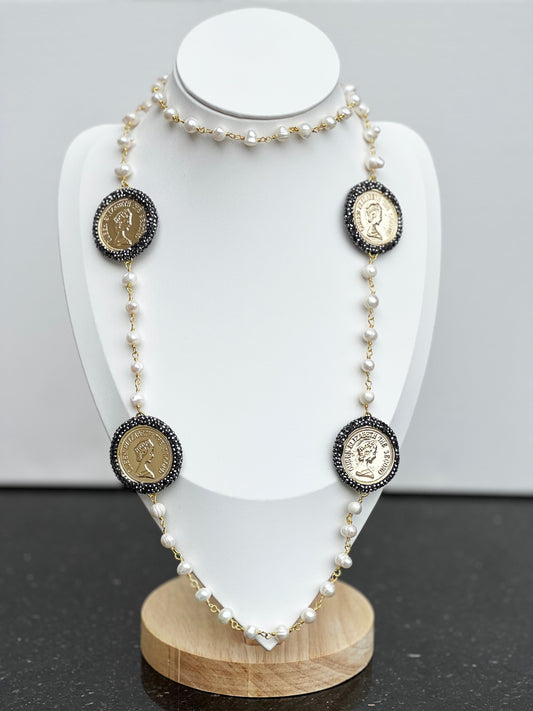 Turkish Golden Shores Necklace: Handcrafted Mother of Pearls and Gilded Coins - Accessories image 1