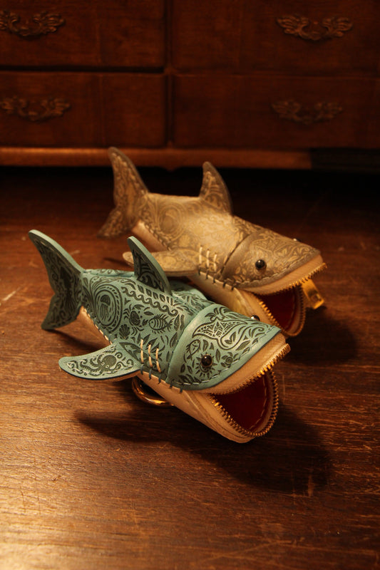 Handmade Tattooed Leather Shark Coin Purse | Made-to-order 4-8 weeks lead time to ship from Canada - Accessories image 1