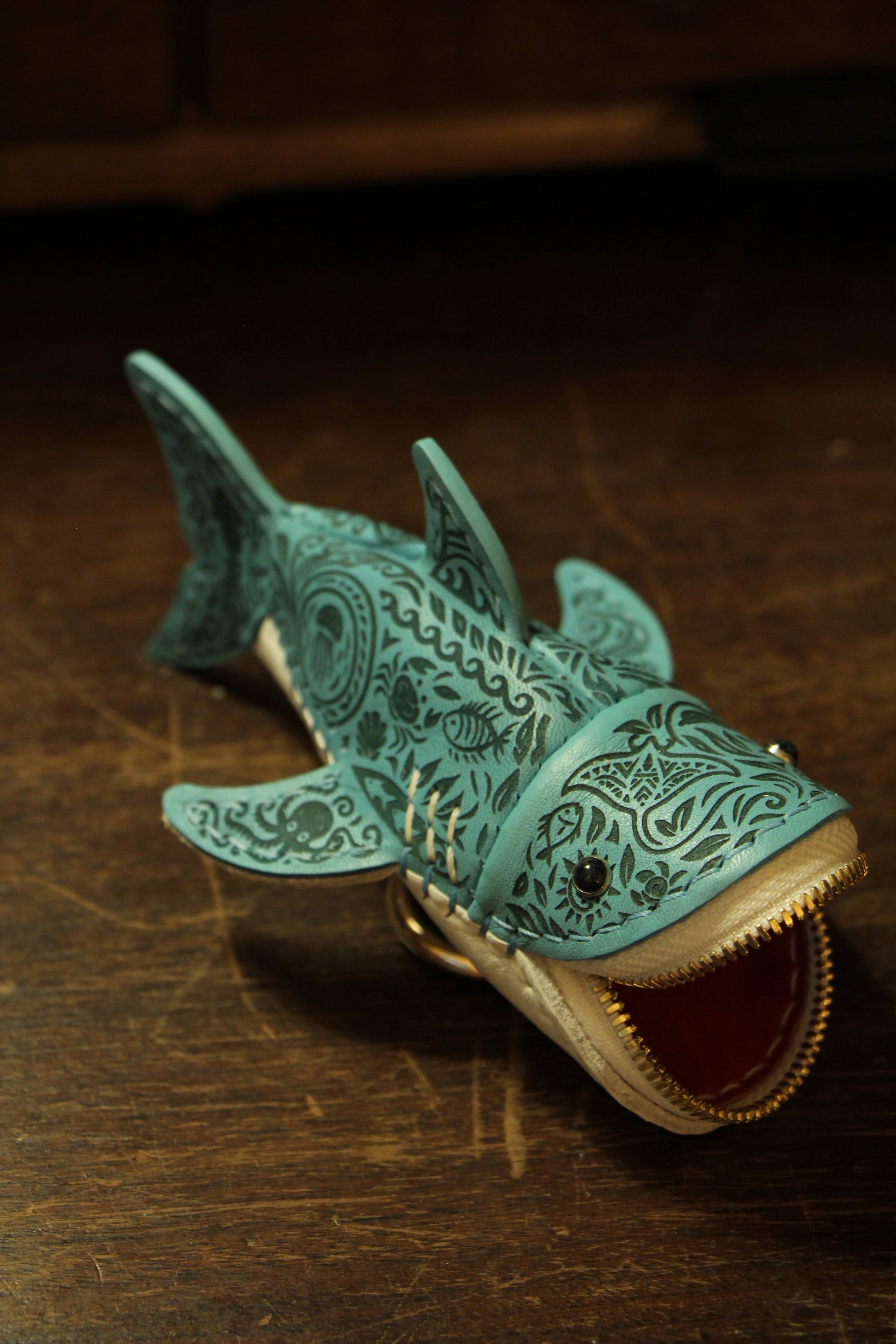 Handmade Tattooed Leather Shark Coin Purse | Made-to-order 4-8 weeks lead time to ship from Canada - Accessories image 9