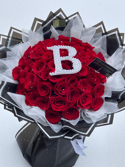 Royal Elegance Bouquet – Luxurious Red Roses with Personalized Pearl Letter - Kitchen & Dining image 1
