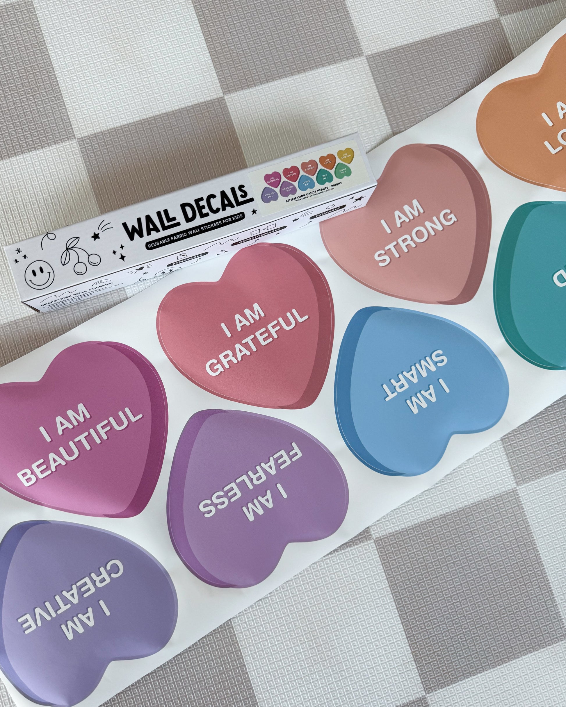 Peel & Stick Fabric Wall Stickers - Affirmation Candy Hearts (Bright) - Bedding image 5