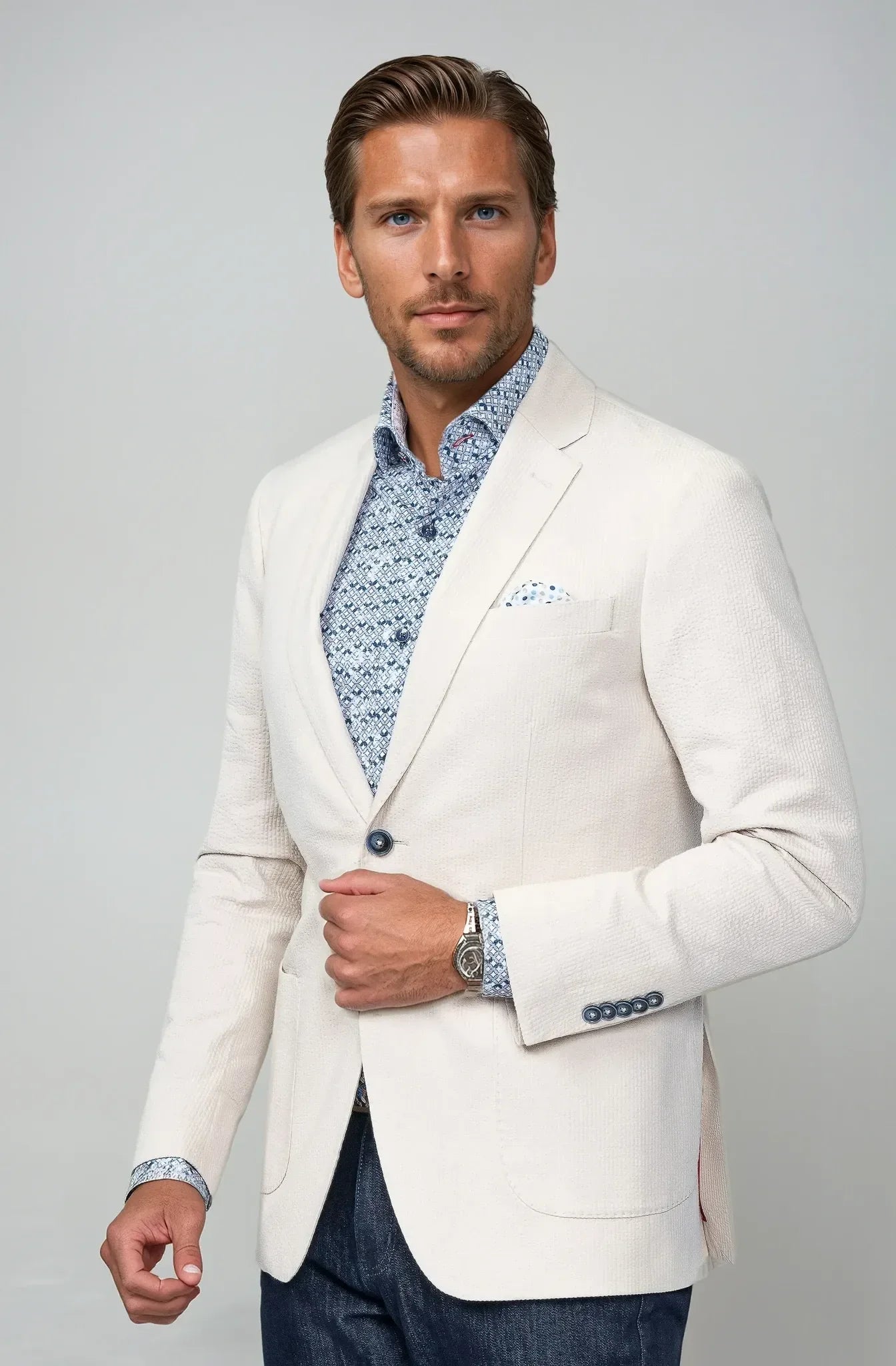 Meridian Beige Seersucker Stretch Suit - Misc image 1