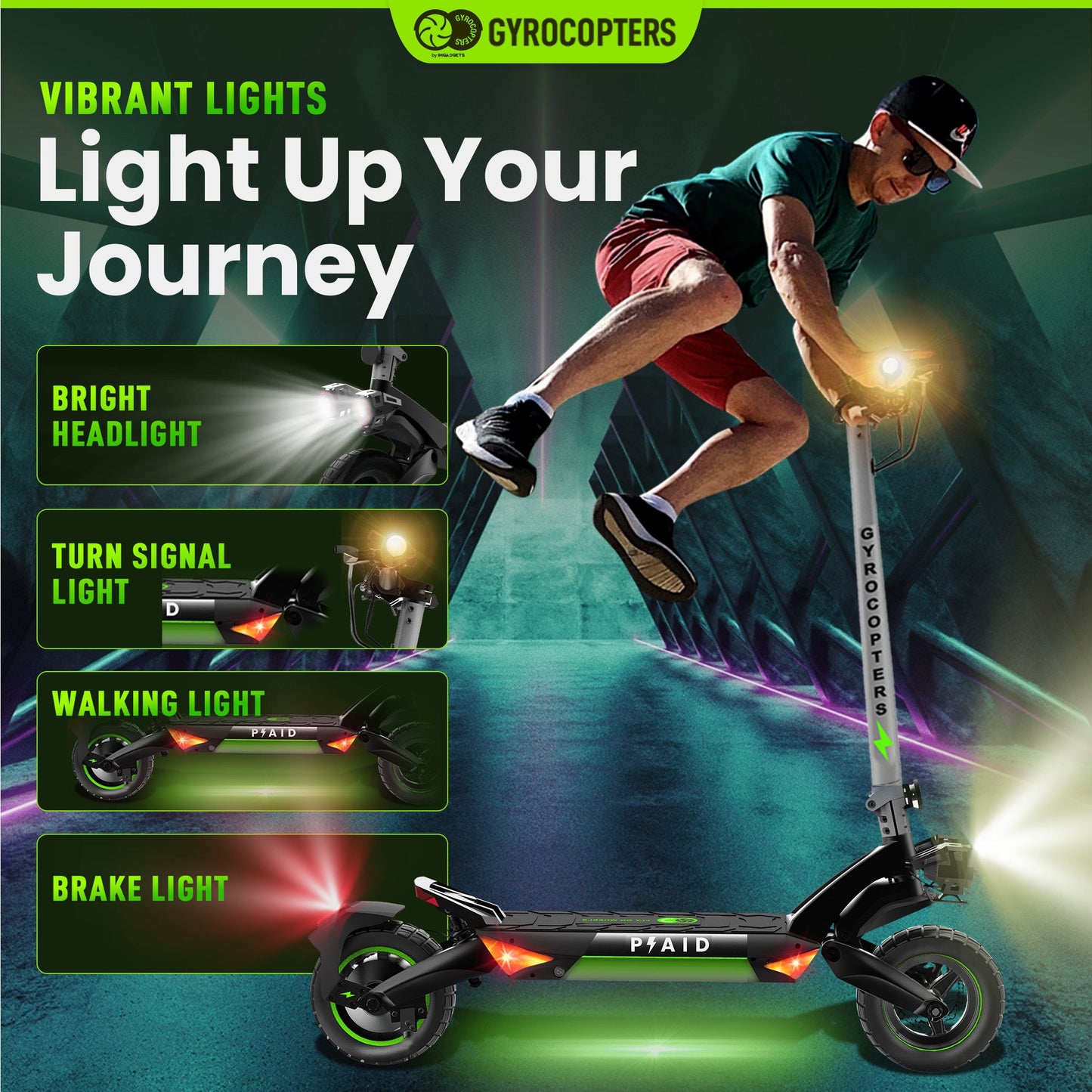 Gyrocopters Plaid Off Road Electric Scooter, 10” Tires, Speed Upto 42kmph/45kmph Long Range Upto 35Km/60km, Max Power 1000W Brushless Motor, Headlight, 360° Deck Light, Foldable Escooter, with App - Kitchen & Dining image 3