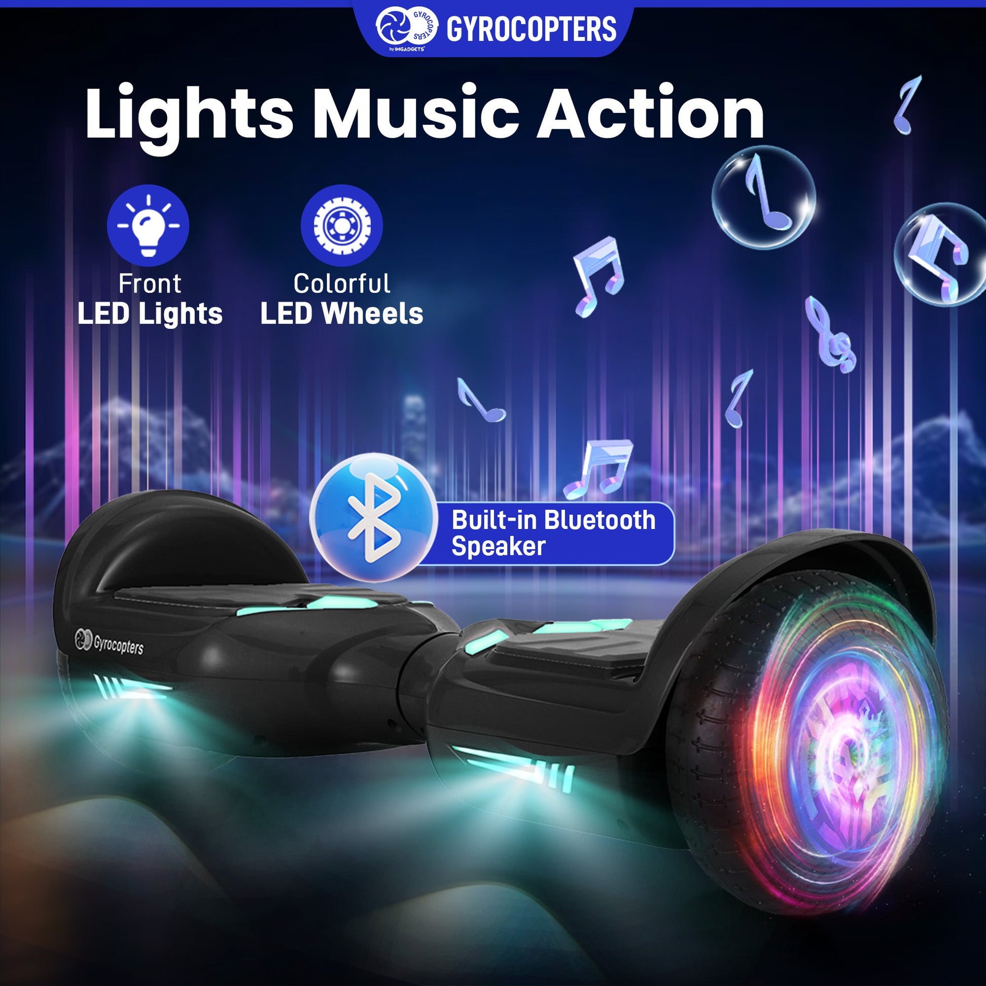 Gyrocopters Prime All New 2025 Hoverboard | Speed up to 15km/h | 300W Powerful Motor | 6.5” LED wheels | 165 lbs weight capacity | UL2272 certified with Wireless Music Speaker offering a range up to 8 km (BLACK) - Gadgets image 4