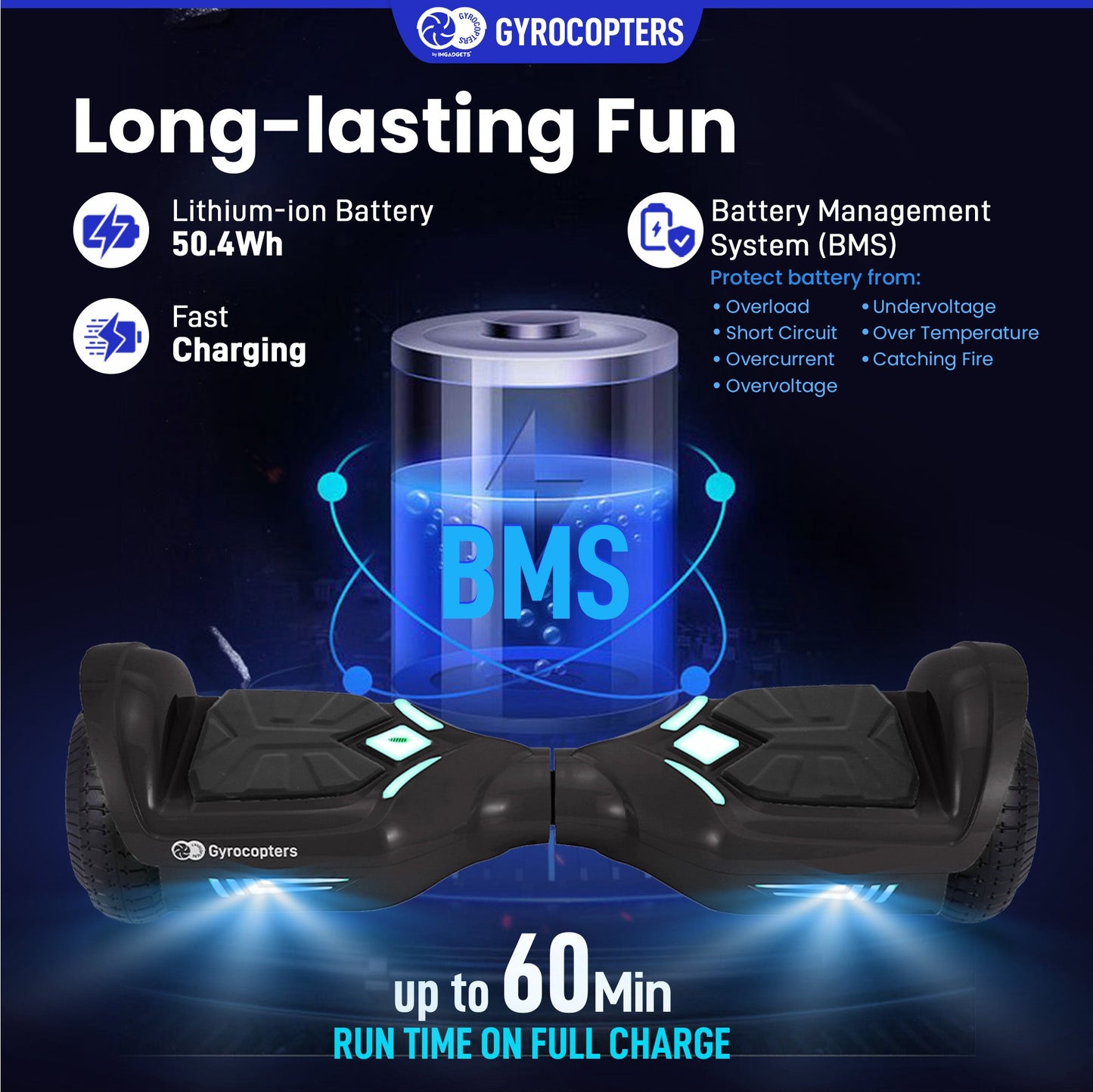 Gyrocopters Prime All New 2025 Hoverboard | Speed up to 15km/h | 300W Powerful Motor | 6.5” LED wheels | 165 lbs weight capacity | UL2272 certified with Wireless Music Speaker offering a range up to 8 km (BLACK) - Gadgets image 6