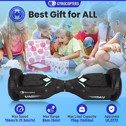 Gyrocopters Prime All New 2025 Hoverboard | Speed up to 15km/h | 300W Powerful Motor | 6.5” LED wheels | 165 lbs weight capacity | UL2272 certified with Wireless Music Speaker offering a range up to 8 km (BLACK) - Gadgets image 2