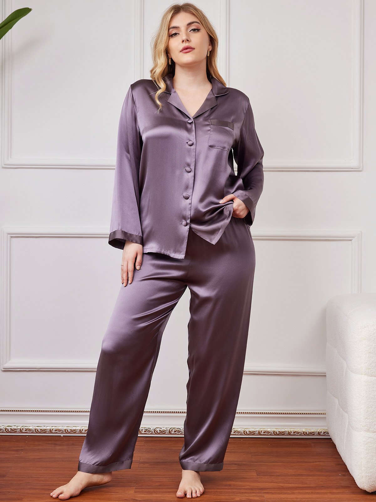 Plus Size Pure Silk Button-Up Women’s Pajamas - Misc image 24