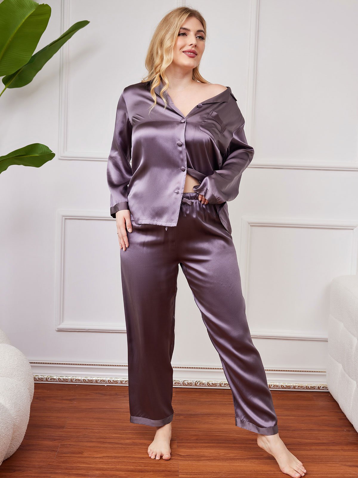 Plus Size Pure Silk Button-Up Women’s Pajamas - Misc image 26