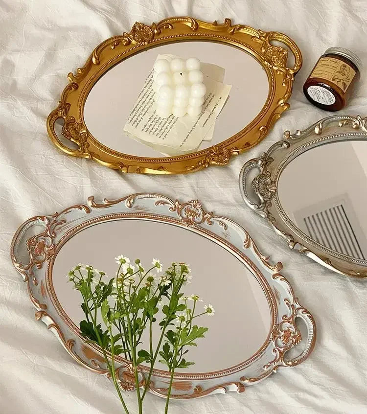 European Decorative Plate Storage Tray Oval Plate Jewelry Display Rotary Candy Decor Tray Mirror Decorative Make Up Mirror - Kitchen & Dining image 1