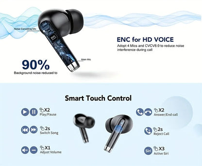 Wireless Bluetooth 5.3 Earbuds – 40dB Noise Cancelling, 6-Mic ENC, HD Calls & LED Display with Transparency Mode! - Gadgets image 11