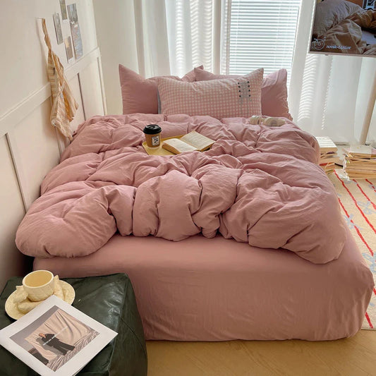 Solid INS Style Bedding Set For adults kids pink cotton fitted Flat Sheet With Pillowcases Colorful King Queen Full size - Bedding image 1