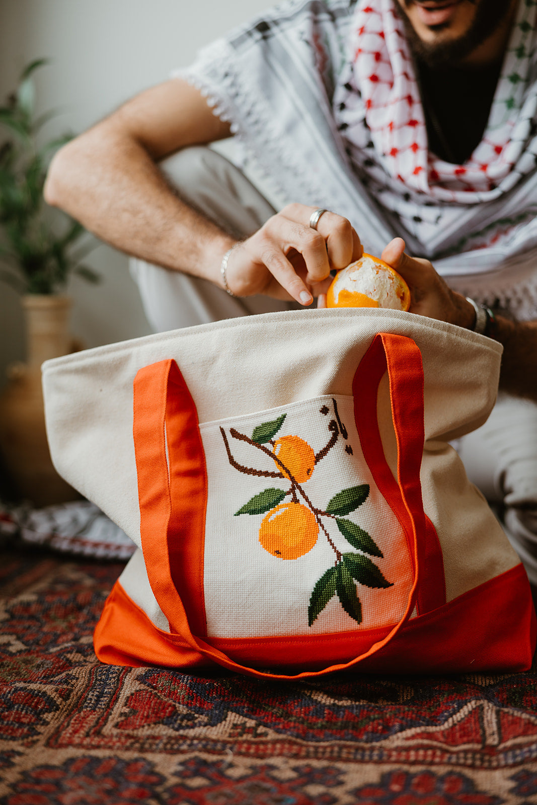 Hand Embroidered Yafa Orange Travel Tote Bag (Large) - Accessories image 1