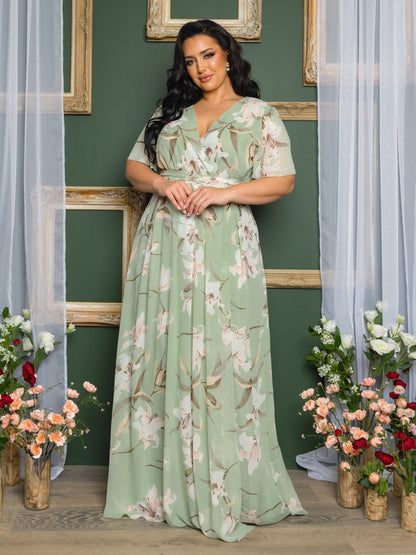 Liza Plus Size Chiffon Gown in Sage Floral - Apparel image 1