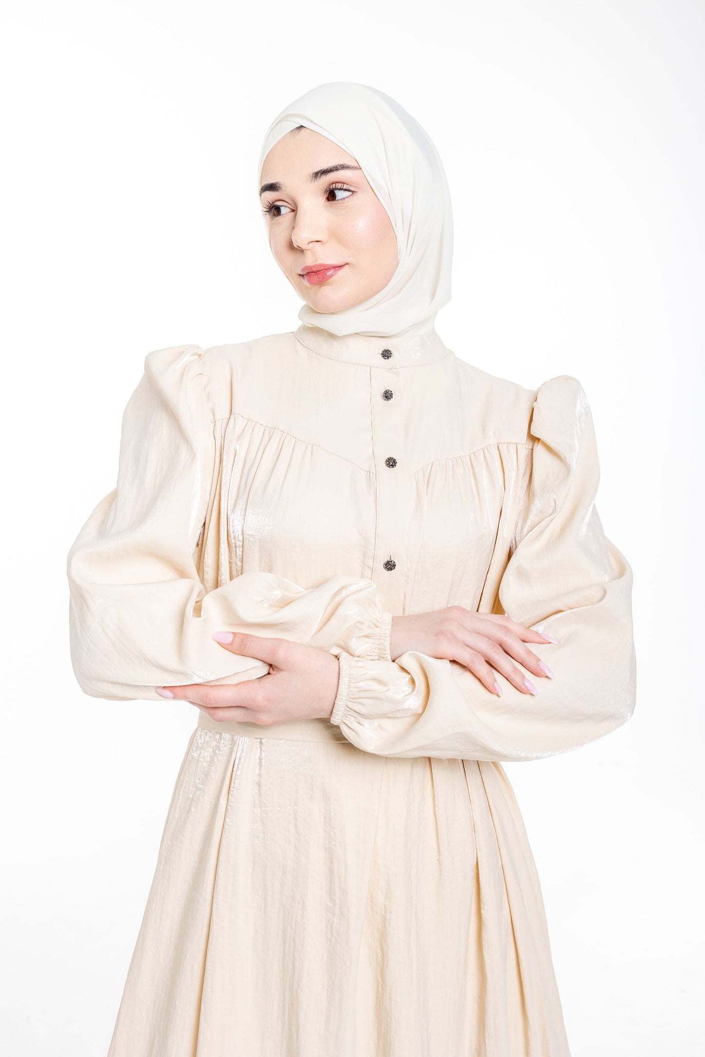 Soraya Modest Ruffle Hem Dress  | Champagne Beige - Accessories image 3