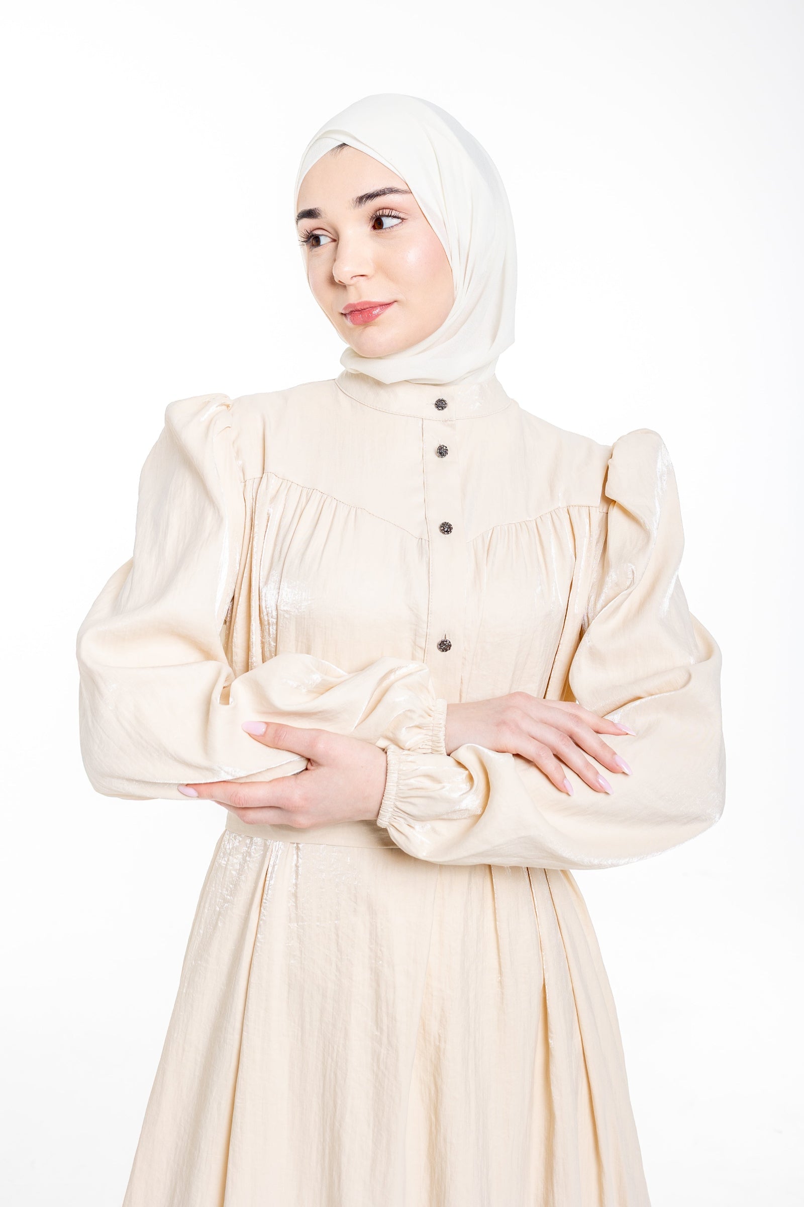 Soraya Modest Ruffle Hem Dress  | Champagne Beige - Accessories image 3