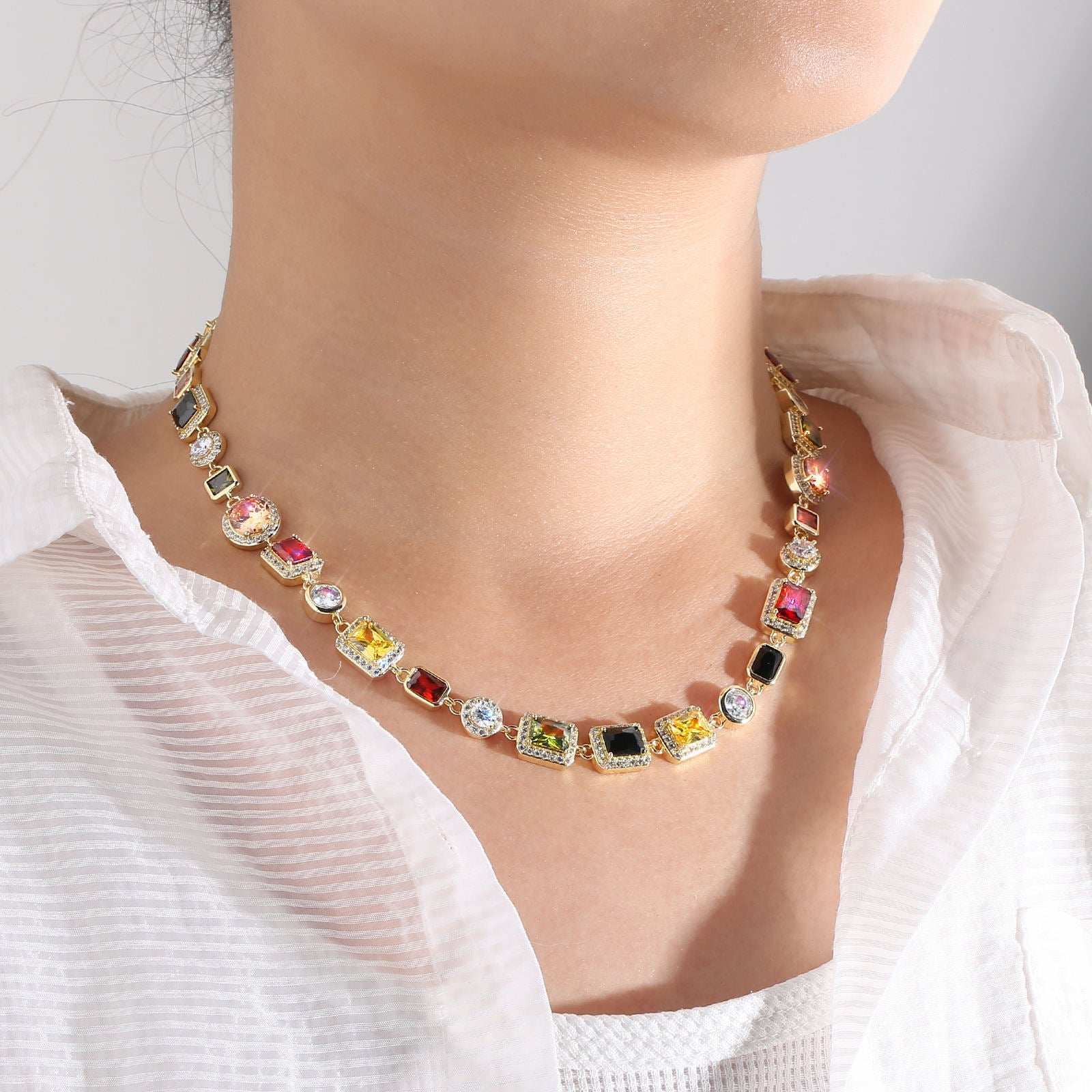 USA Stock Gorgeous Mixed Gemstone Tennis Chain 5A CZ Gem 18K Gold Plated Vintage Multi Colored Jewelry Necklace For Women Men - Jewelry image 6