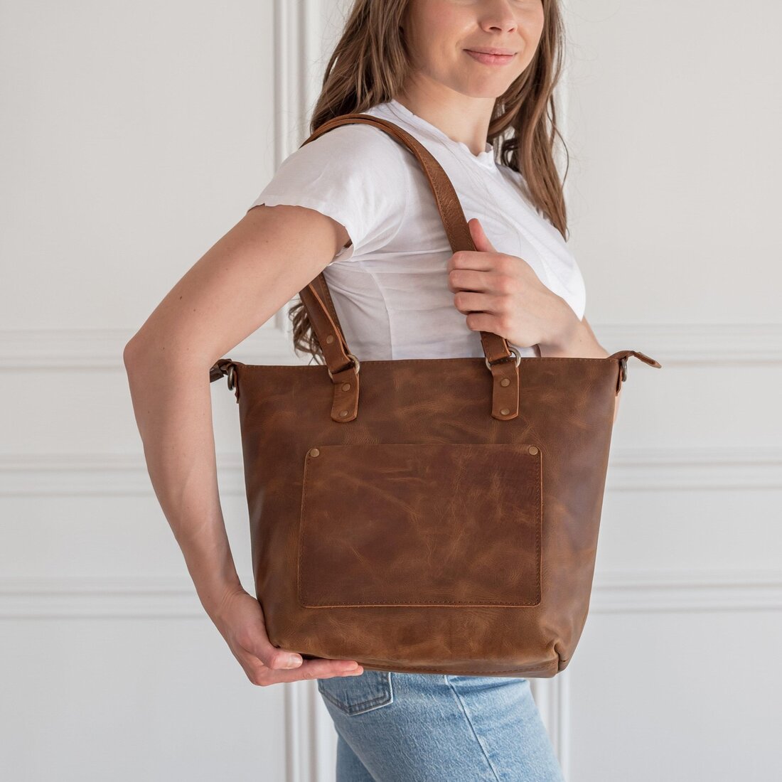 Crossbody Leather Tote - Saddle Brown - Accessories image 8