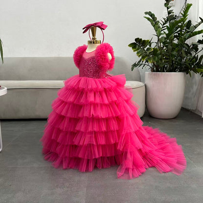 Puffy Long  Dress with Train: Hot Pink - Apparel image 5